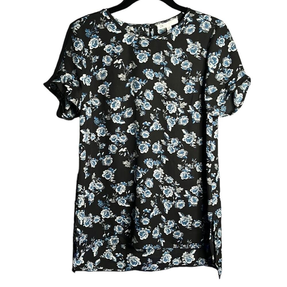 DR2 Black Blue Floral Short Sleeve Blouse XS